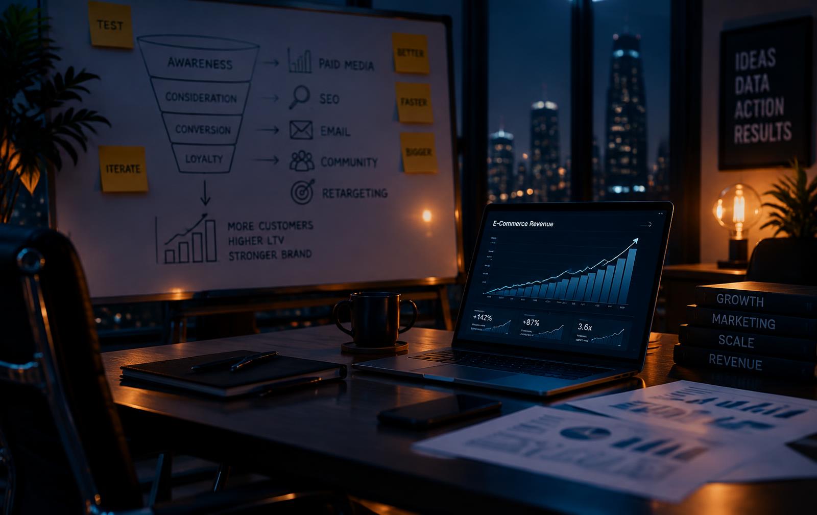 Dark marketing strategy room where e-commerce growth plans are mapped out