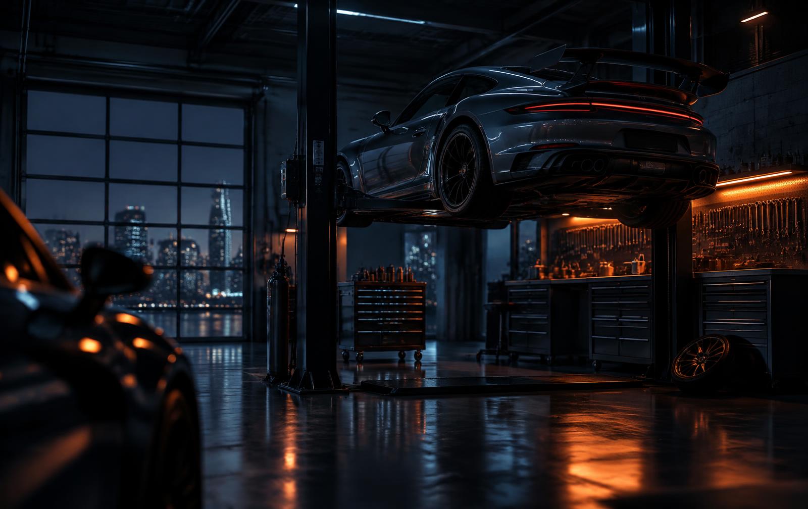 Performance garage with a tuned car under work lights