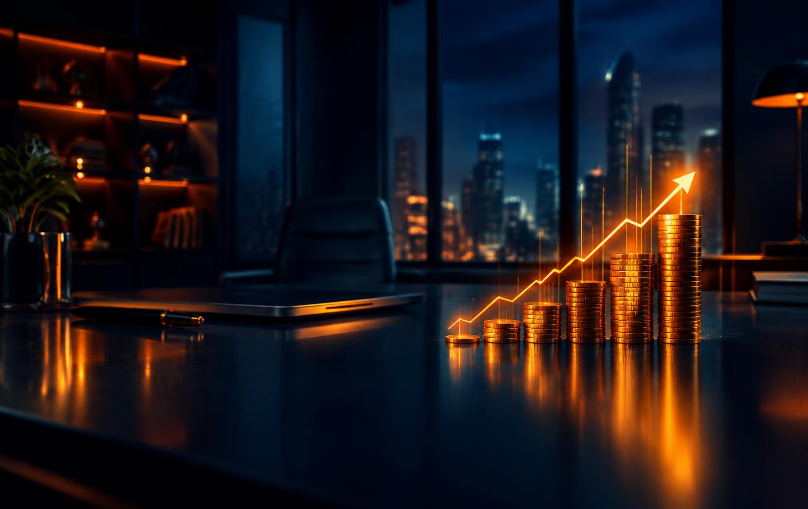 Rising stacks of gold coins with a glowing growth arrow in a night office