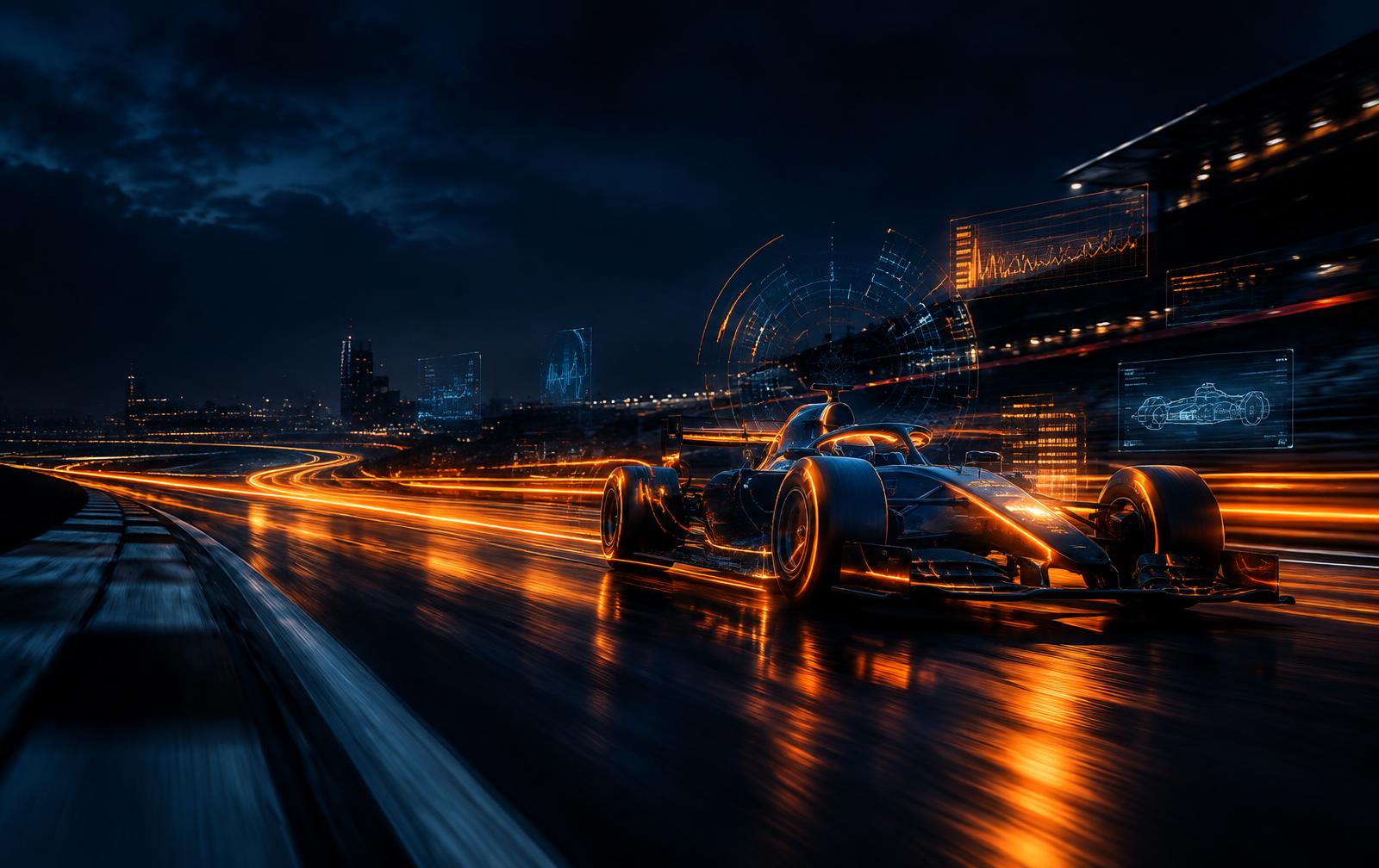 Race car speeding on a night track with orange light trails and data overlays